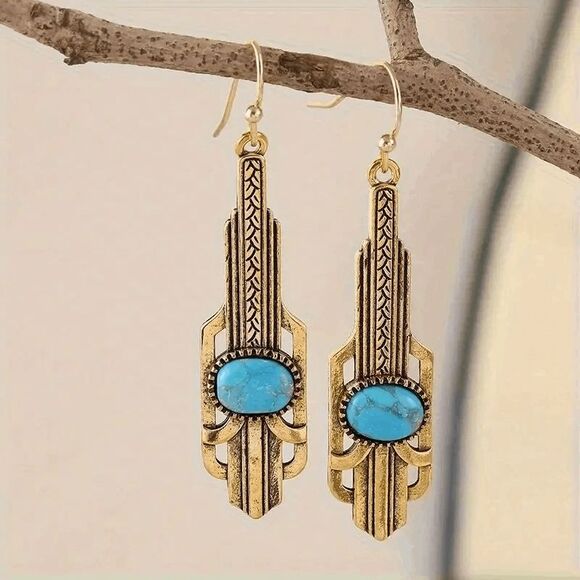 Boho Western Geometric Turquoise Dangle Earrings - Picture 6 of 6